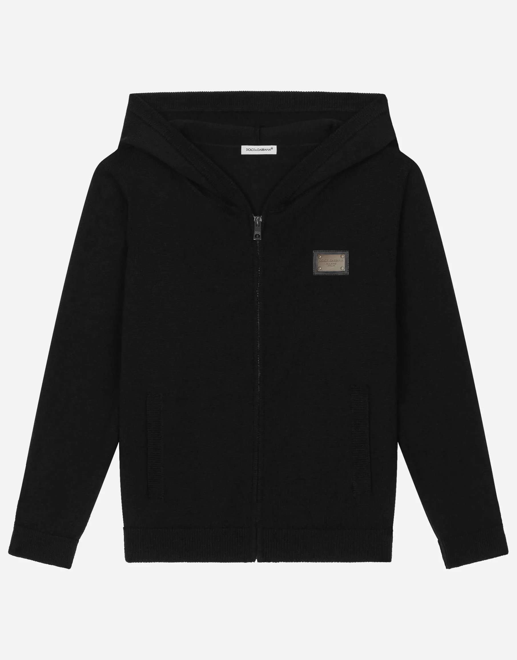 Zip-up plain knit hooded cardigan with logo tag