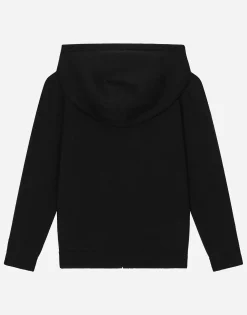 Zip-up plain knit hooded cardigan with logo tag